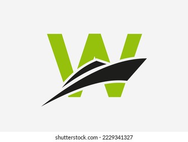 Letter W Shipping Logo Sailboat Symbol. Nautical Ship Sailing Boat Icon
