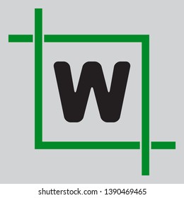 Letter W sign design template element. Black icon inside green crop tool at light gray background