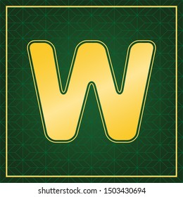 Letter W sign design template element. Golden icon with gold contour at dark green gridded background. Illustration.