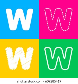 Letter W sign design template element. Four styles of icon on four color squares.