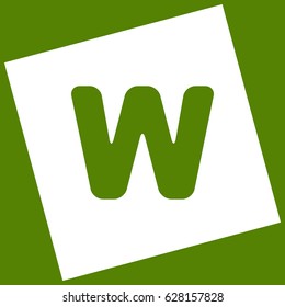 Letter W sign design template element. Vector. White icon obtained as a result of subtraction rotated square and path. Avocado background.