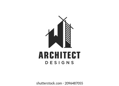 Letter W Simple modern building architecture logo design with line art skyscraper