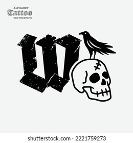The letter W with a skull head on it has a black crow, black and white style