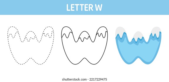 Letter W Snow tracing and coloring worksheet for kids