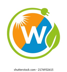 Letter W Solar Energy Logo Design Concept with Sun, Leaf and Electric Plug Solar Panel Vector Template