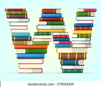 Letter W. Stacks of multi colored books vector illustration