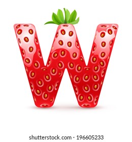 Letter W in strawberry style with green leaves