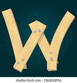 Letter W - stylized vector font made from wooden planks hammered with iron nails.