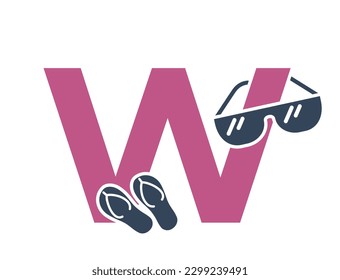 letter w with sunglasses and flip flops. vacation and resort alphabet logotype symbol. summer tourism design. isolated vector color image