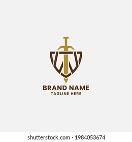 Letter W and Sword on Shield Monogram Initial Logo in White Background