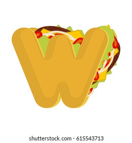 Letter W tacos. Mexican fast food font. Taco alphabet symbol. Mexico meal ABC