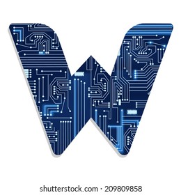 Letter "w" from technology's stylized alphabet with electronic circuit. Uppercase letter. White background. 