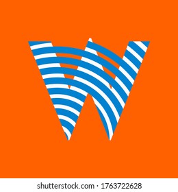 Letra W textura de líneas curvadas en blanco y azul sobre fondo naranja para fiesta, vector modificable