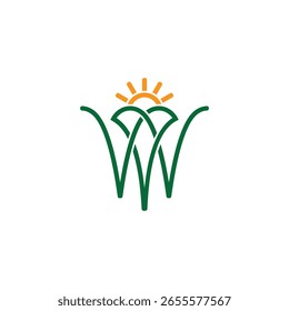 Letra W Thin Line Green Plant Sun Shine Land Logo Vector 