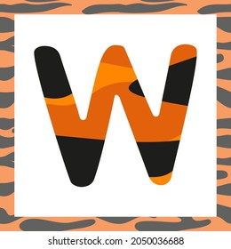 Letter W with tiger pattern. Festive font and frame from orange with black stripes alphabet, symbol for New Year and Christmas