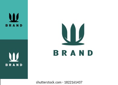 Letter W trident leaf logo, modern and elegant design concept template.