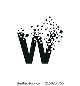 The letter W turns into a cloud of squares of different sizes.