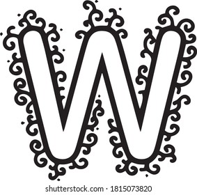 Letter W typography design with swirl  folk ornament reminds plants and sprouts. Alphabet element