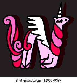 Letter "W" unicorn. Unicorn alphabet.