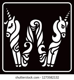 Letter "W" unicorn. Written by unicorns. Letter in the style of the unicorn. Fairytale font. Trend print on a T-shirt. Logo "W". Isolated on a black background. Metal pin. Unicorn alphabet.