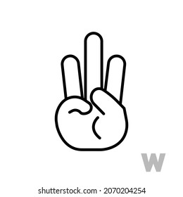 Letter W Universal and handicapped hand alphabet letter. Simple clear linear letter W, hand language. Learning the alphabet, non-verbal deaf-mute communication, expressive gestures vector.