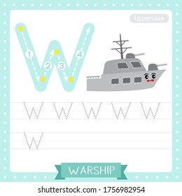 Letter W uppercase cute children colorful transportations ABC alphabet tracing practice worksheet of Warship for kids learning English vocabulary and handwriting Vector Illustration.