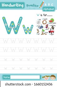 Letter W uppercase and lowercase cute children colorful ABC alphabet trace practice worksheet for kids learning English vocabulary and handwriting layout in A4 vector illustration.