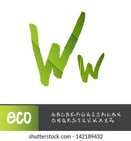 Letra W, Variantes Mayúsculas Y Minúsculas. Alfabeto texturado de hoja verde, vector.
