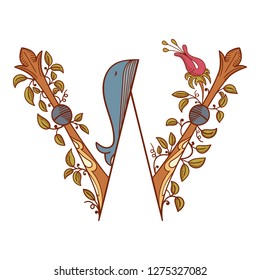 Letter W. Vector letter engraving style with flower and animal. Colorful hand drawn vintage illustration