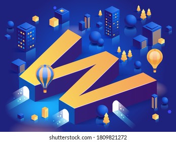 Letter W. Vector isometric abstract font with icons, buildings, colour boxes, trees, balloons. 3d letter for design concept.