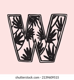 Letter W vector. Line art Lettering print. Alphabet poster wall. Logo Hand drawn. Lettering sketch. Vintage poster.