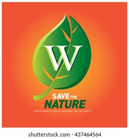 Letter W vector logo and icon save the nature. Go green poster design. Ecology campaign publication