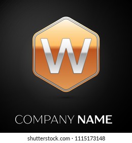 Letter W vector logo symbol in the golden hexagonal on black background. Vector template for your design