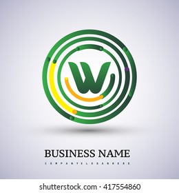 Letter W vector logo symbol in the circle thin line colored green and yellow. Design for your business or company identity.