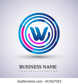 Letter W vector logo symbol in the circle thin line colored blue and red. Design for your business or company identity.