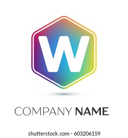 Letter W vector logo symbol in the colorful hexagonal on grey background. Vector template for your design