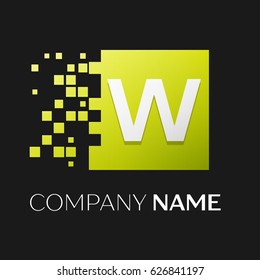 Letter W vector logo symbol in the colorful square with shattered blocks on black background. Vector template for your design