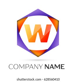 Letter W vector logo symbol in the colorful hexagonal on grey background. Vector template for your design
