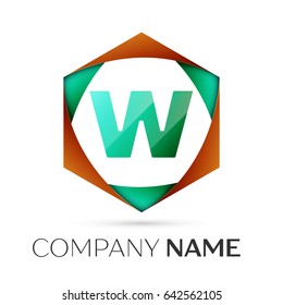 Letter W vector logo symbol in the colorful hexagonal on grey background. Vector template for your design