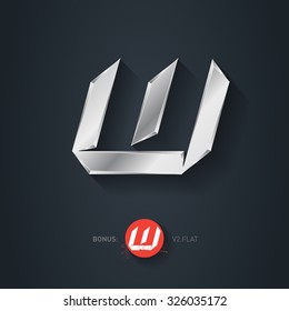 Letter W, Vector silver font. Elegant Template for company logo. Metallic Design element or icon. Pseudo origami style, including flat version.