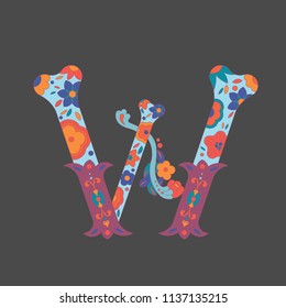 Letter "w" for very decocative alphabet for Day ot the Dead in Mexica, for piraten party or Halloween. It сonsists of a bone decorated with flowers situated on the dark backgroud