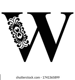 letter W. Vintage black flower ornament initial letters.  Alphabet. Logo vector 