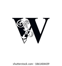 letter W. Vintage black flower ornament initial letters.  Alphabet. Logo vector 