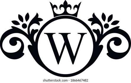 letter W. Vintage black flower ornament initial letters.  Alphabet. Logo vector 