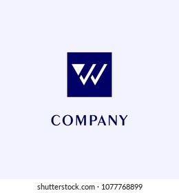 Letter W or VV or VW Logo Design Template, Blue Box, Gray Background, Rectangle Square Logo Concept, Simple and Clean, Strong  Bold, White Lettermark