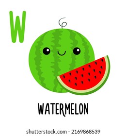 Letter W Watermelon. Animal and food alphabet for kids. Cute cartoon kawaii English abc. Funny Zoo Fruit Vegetable learning. Education cards. Isolated. Flat design. White background. Vector