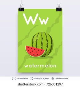 Letter W and Watermelon picture. Roman Alphabet letter and object for memorizing. Vector template.