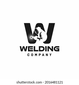 Letter W welding logo, welder silhouette working with weld helmet in simple and modern design style