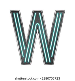 Letter W (Whiskey) Capital Uppercase Modern English Alphabet Neon Glow Light Stainless Metallic Frame Futuristic Design Icon Logo Isolated on White Background