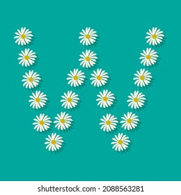 Letter W from white chamomile flowers. Festive font or decoration for spring or summer holiday and design. Vector flat illustration